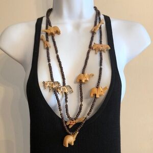Vintage handmade African Safari animals statement wooden layered necklace tribal